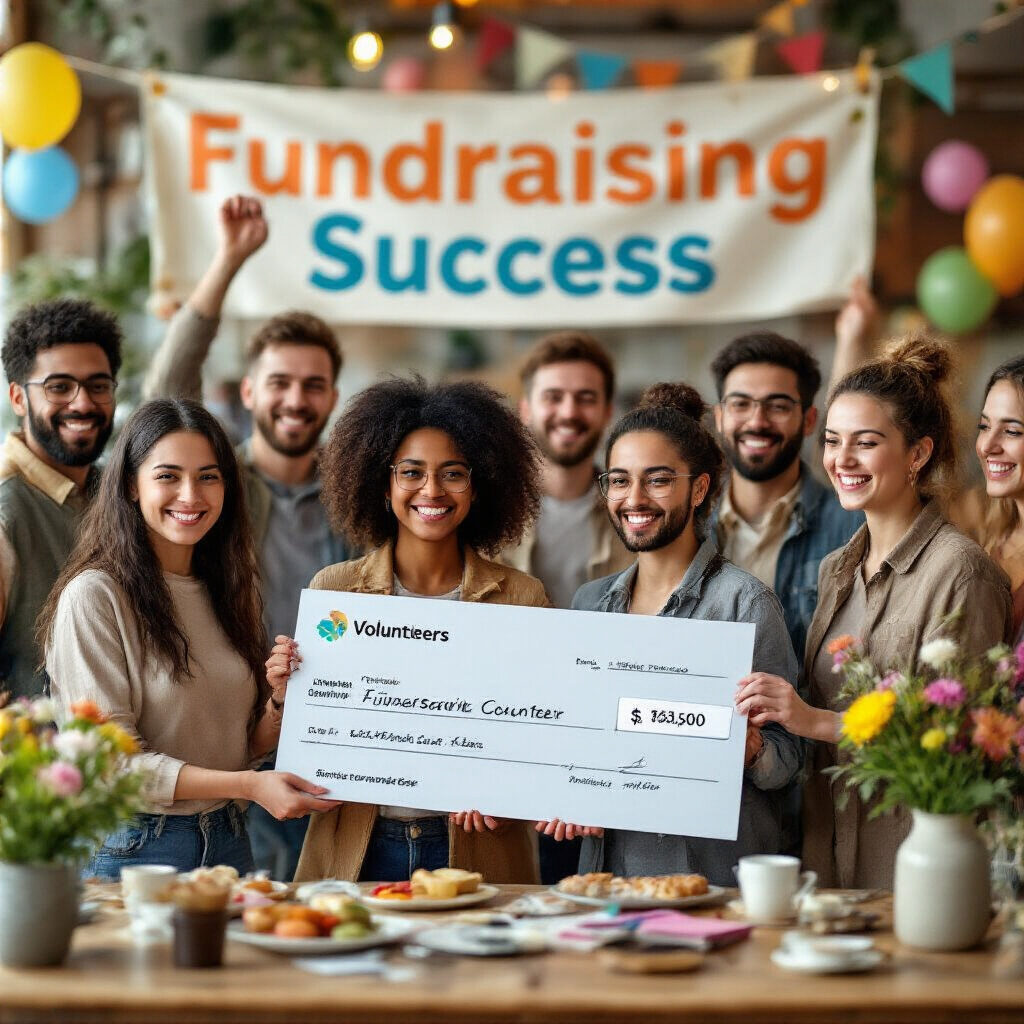 Create a realistic image of a diverse group of people celebrating a successful fundraising event, showing smiling volunteers holding a large check or donation counter displaying a significant amount, with colorful decorations and a banner reading "Fundraising Success" in the background, creating an atmosphere of achievement and community spirit.